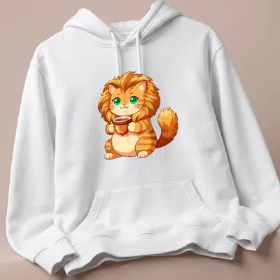 Kawaii cat holding an acorn-shaped teacup in soft colors — printed on a unisex hoodie