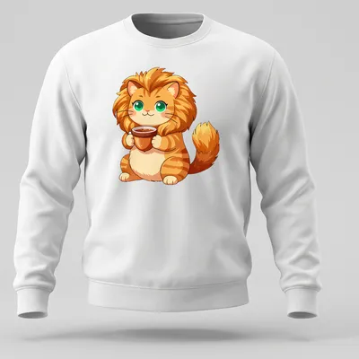 Kawaii cat holding an acorn-shaped teacup in soft colors — printed on a unisex sweatshirt