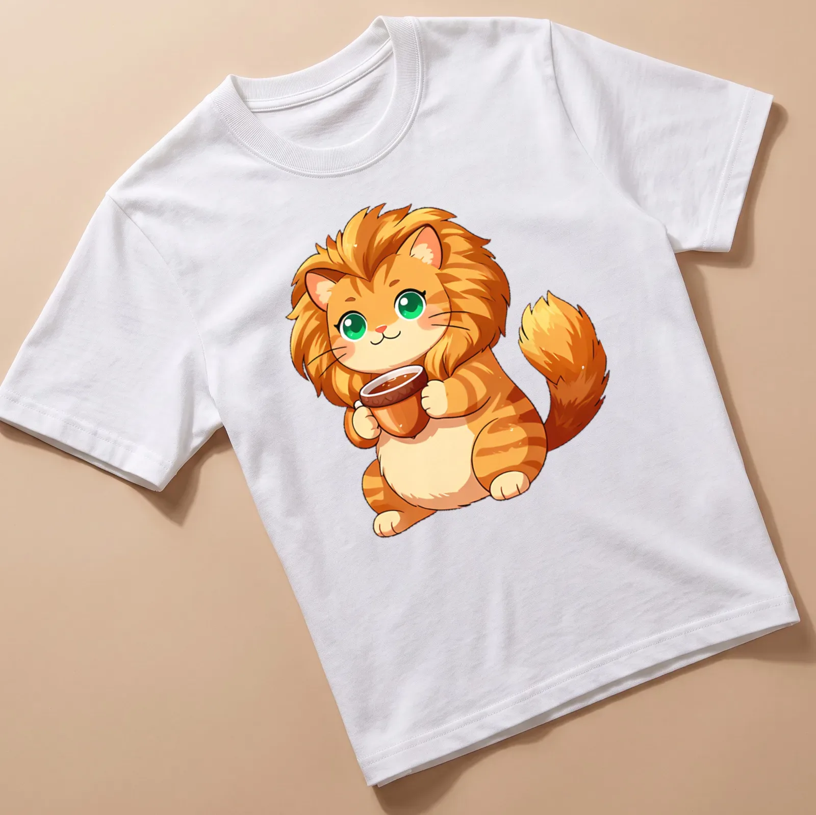 Kawaii cat holding an acorn-shaped teacup in soft colors — printed on a unisex t-shirt