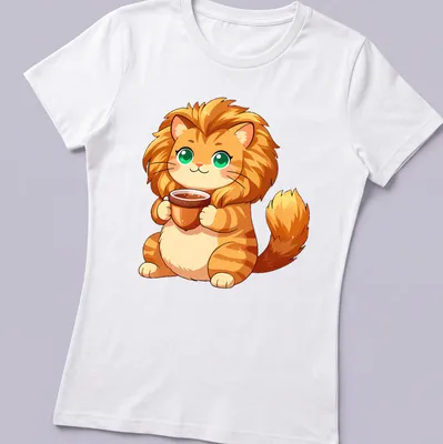 Kawaii cat holding an acorn-shaped teacup in soft colors — printed on a women's shirt