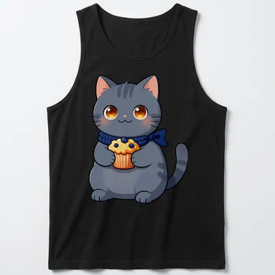 Kawaii illustration of a gray Chartreux cat holding a blueberry muffin — printed on a tank top