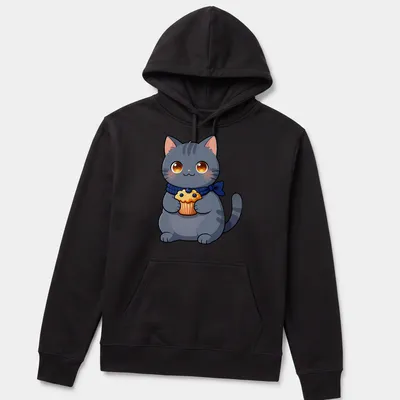 Kawaii illustration of a gray Chartreux cat holding a blueberry muffin — printed on a unisex hoodie