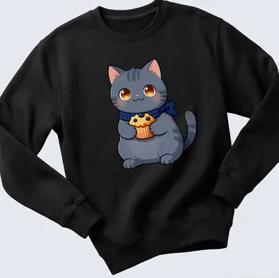 Kawaii illustration of a gray Chartreux cat holding a blueberry muffin — printed on a unisex sweatshirt