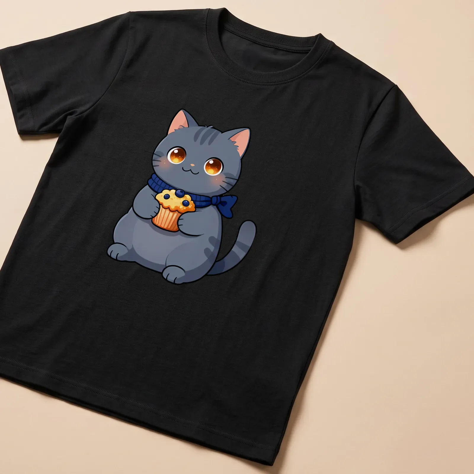Kawaii illustration of a gray Chartreux cat holding a blueberry muffin — printed on a unisex t-shirt