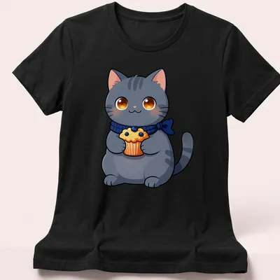 Kawaii illustration of a gray Chartreux cat holding a blueberry muffin — printed on a women's shirt