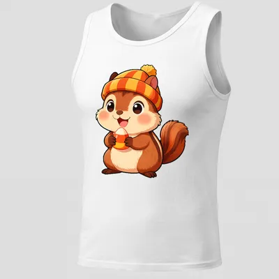 Kawaii style chipmunk holding candy corn in warm tones — printed on a tank top