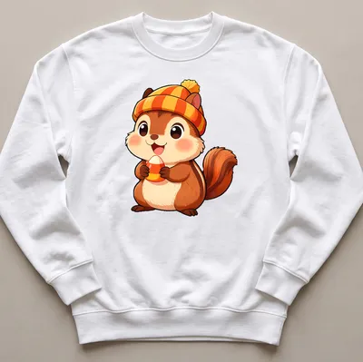 Kawaii style chipmunk holding candy corn in warm tones — printed on a unisex sweatshirt