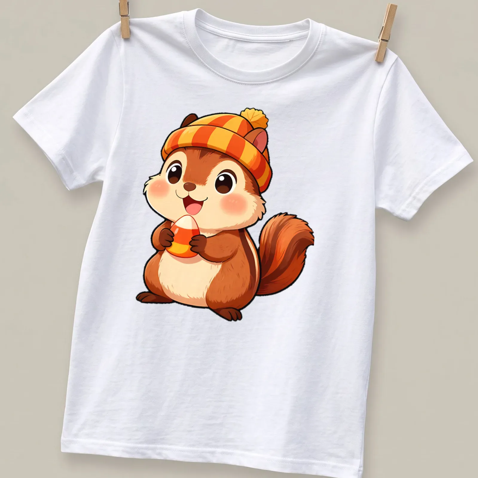 Kawaii style chipmunk holding candy corn in warm tones — printed on a unisex t-shirt