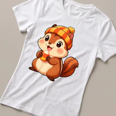 Kawaii style chipmunk holding candy corn in warm tones — printed on a women's shirt