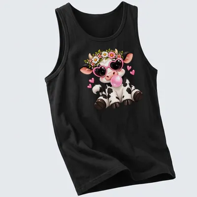 Kawaii cow with heart sunglasses blowing pink bubblegum in vibrant colors — printed on a tank top