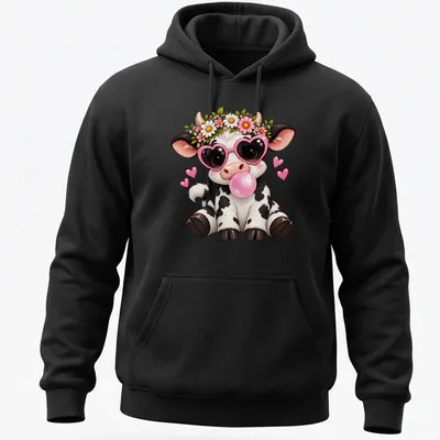 Kawaii cow with heart sunglasses blowing pink bubblegum in vibrant colors — printed on a unisex hoodie
