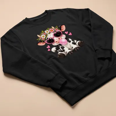 Kawaii cow with heart sunglasses blowing pink bubblegum in vibrant colors — printed on a unisex sweatshirt