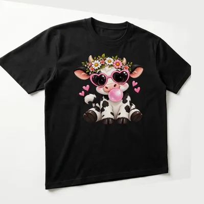 Kawaii cow with heart sunglasses blowing pink bubblegum in vibrant colors — printed on a unisex t-shirt (angled view)