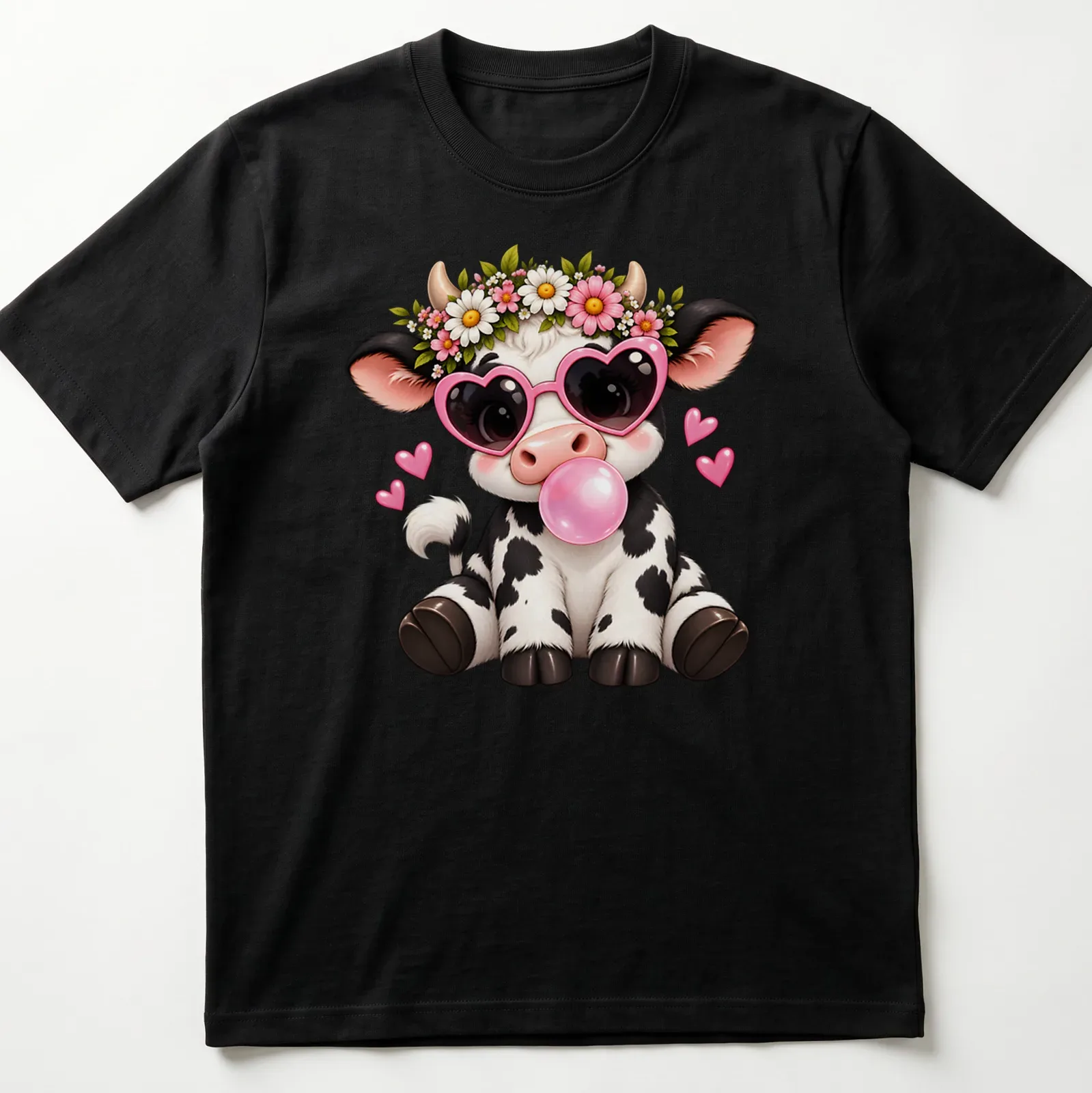 Kawaii cow with heart sunglasses blowing pink bubblegum in vibrant colors — printed on a unisex t-shirt