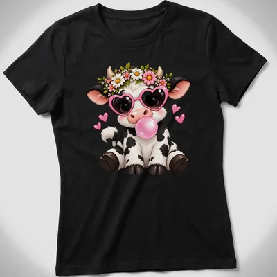 Kawaii cow with heart sunglasses blowing pink bubblegum in vibrant colors — printed on a women's shirt