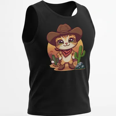 Kawaii cowboy cat surrounded by cacti in a whimsical desert setting — printed on a tank top