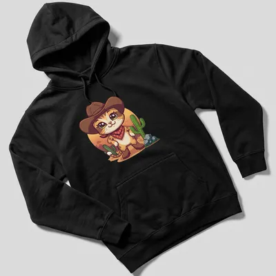 Kawaii cowboy cat surrounded by cacti in a whimsical desert setting — printed on a unisex hoodie