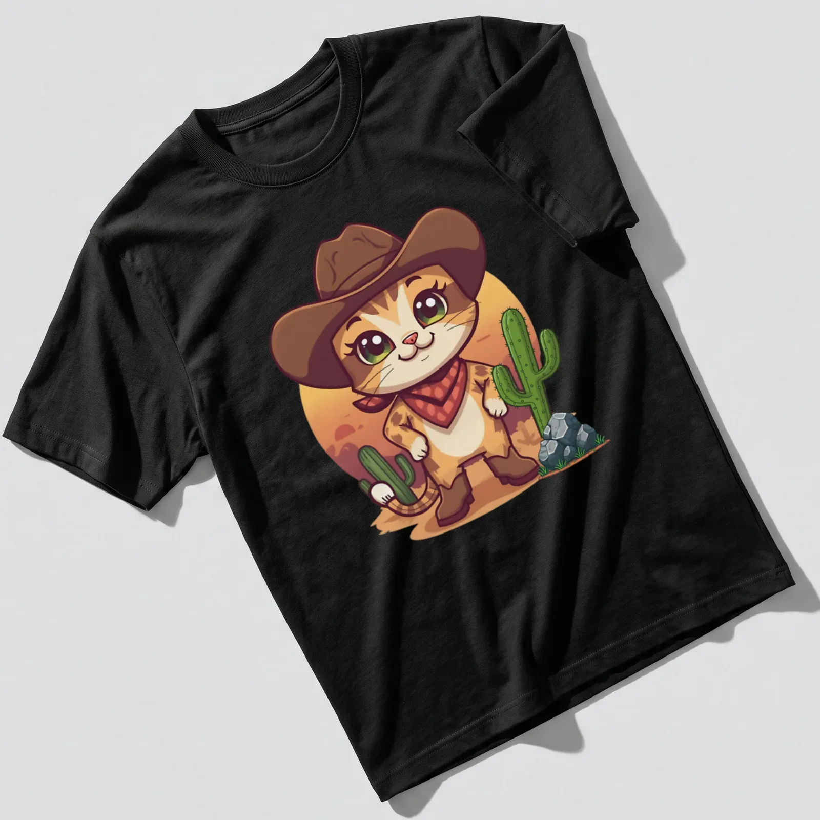 Kawaii cowboy cat surrounded by cacti in a whimsical desert setting — printed on a unisex t-shirt