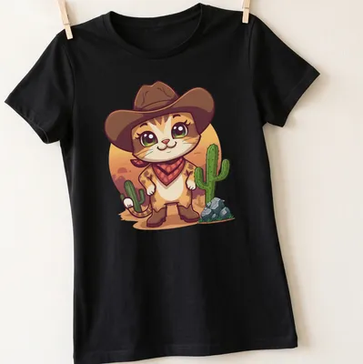Kawaii cowboy cat surrounded by cacti in a whimsical desert setting — printed on a women's shirt