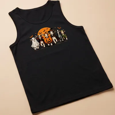 Cartoon-style t-shirt featuring goats in Halloween costumes, including a ghost — printed on a tank top