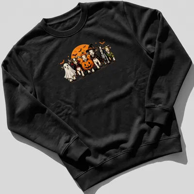 Cartoon-style t-shirt featuring goats in Halloween costumes, including a ghost — printed on a unisex sweatshirt