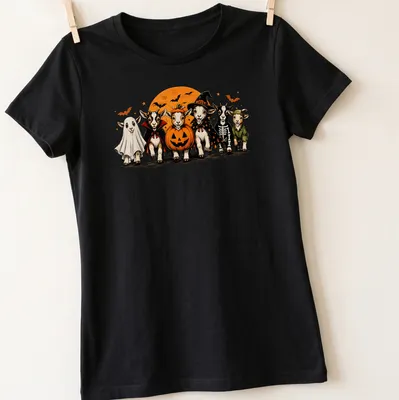 Cartoon-style t-shirt featuring goats in Halloween costumes, including a ghost — printed on a women's shirt