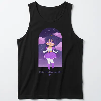 Kawaii anime character with the text 'Cute On, Drama Off' in purple, white, pink, and blue. — printed on a tank top