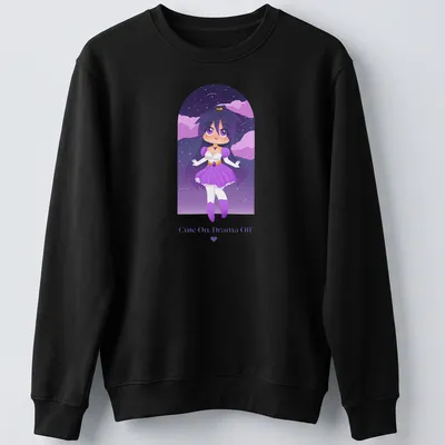 Kawaii anime character with the text 'Cute On, Drama Off' in purple, white, pink, and blue. — printed on a unisex sweatshirt