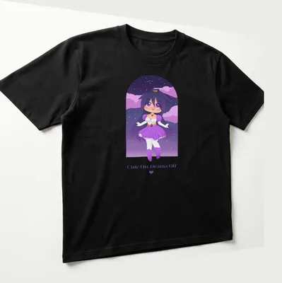 Kawaii anime character with the text 'Cute On, Drama Off' in purple, white, pink, and blue. — printed on a unisex t-shirt (angled view)