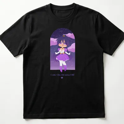 Kawaii anime character with the text 'Cute On, Drama Off' in purple, white, pink, and blue.