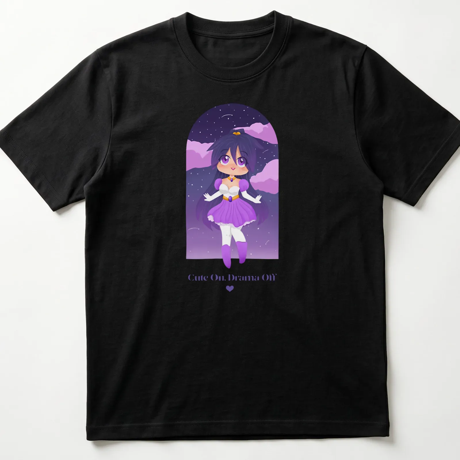 Kawaii anime character with the text 'Cute On, Drama Off' in purple, white, pink, and blue. — printed on a unisex t-shirt