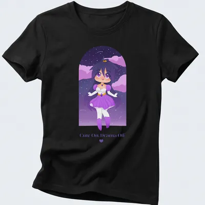 Kawaii anime character with the text 'Cute On, Drama Off' in purple, white, pink, and blue. — printed on a women's shirt