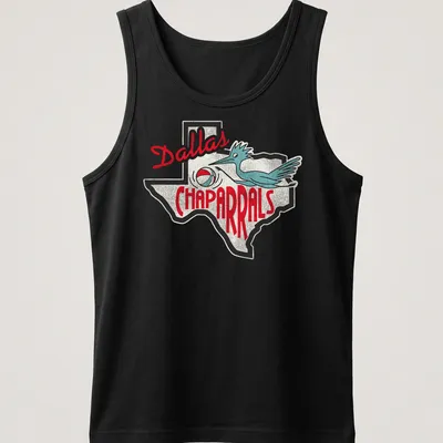 Retro Dallas Chaparrals T-shirt with a bluebird dribbling a basketball above the team name in red and blue. — printed on a tank top