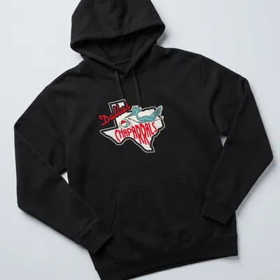 Retro Dallas Chaparrals T-shirt with a bluebird dribbling a basketball above the team name in red and blue. — printed on a unisex hoodie