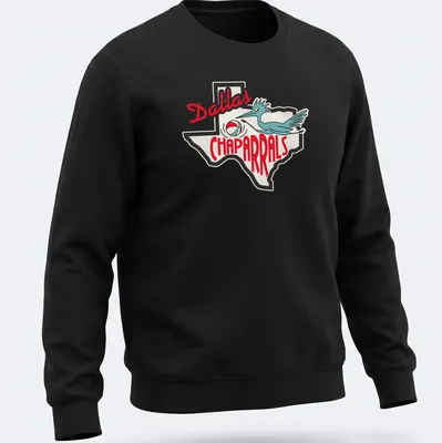 Retro Dallas Chaparrals T-shirt with a bluebird dribbling a basketball above the team name in red and blue. — printed on a unisex sweatshirt