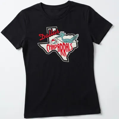 Retro Dallas Chaparrals T-shirt with a bluebird dribbling a basketball above the team name in red and blue. — printed on a women's shirt