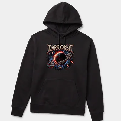 Cosmic scene T-shirt with planet and rings, featuring vivid space colors. — printed on a unisex hoodie