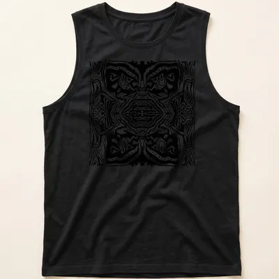 Black and white line art t-shirt featuring abstract tribal faces — printed on a tank top
