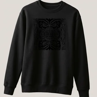 Black and white line art t-shirt featuring abstract tribal faces — printed on a unisex sweatshirt