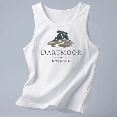 Modern illustrative print showcasing Dartmoor England landscape with hills and text — printed on a tank top