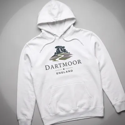 Modern illustrative print showcasing Dartmoor England landscape with hills and text — printed on a unisex hoodie