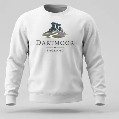 Modern illustrative print showcasing Dartmoor England landscape with hills and text — printed on a unisex sweatshirt