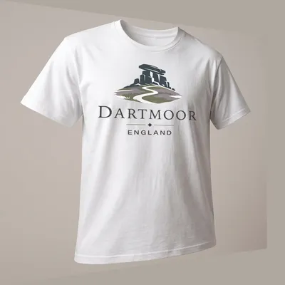 Modern illustrative print showcasing Dartmoor England landscape with hills and text — printed on a unisex t-shirt (angled view)