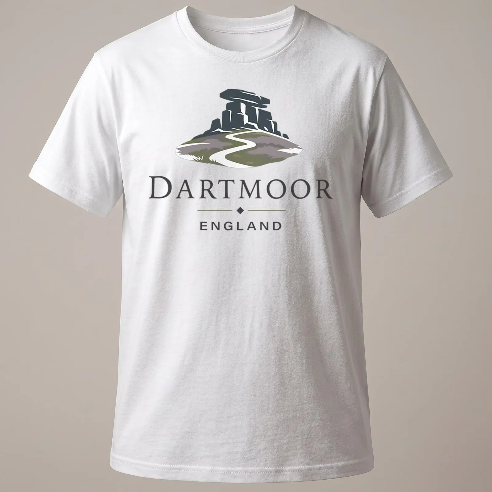 Modern illustrative print showcasing Dartmoor England landscape with hills and text — printed on a unisex t-shirt