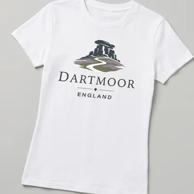 Modern illustrative print showcasing Dartmoor England landscape with hills and text — printed on a women's shirt