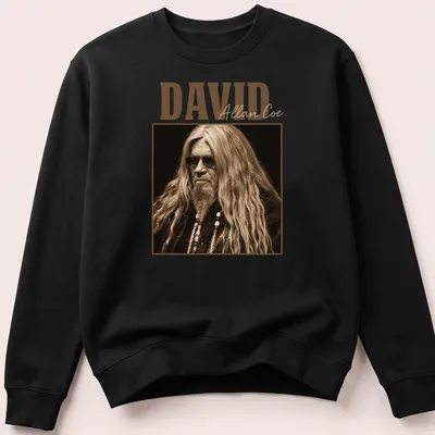 Vintage David Allan Coe t-shirt with distressed typography in brown and beige — printed on a unisex sweatshirt