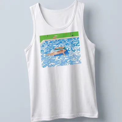 Colorful modern print of swimmers enjoying a pool with blue, green, orange, and brown hues — printed on a tank top