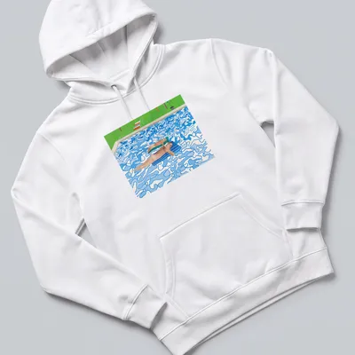 Colorful modern print of swimmers enjoying a pool with blue, green, orange, and brown hues — printed on a unisex hoodie