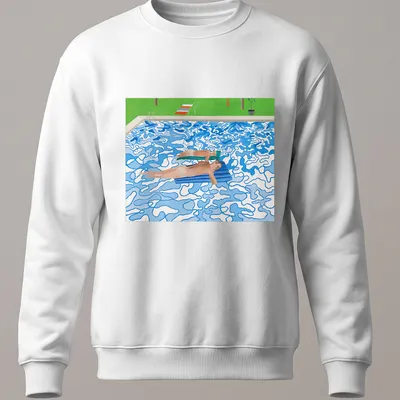 Colorful modern print of swimmers enjoying a pool with blue, green, orange, and brown hues — printed on a unisex sweatshirt