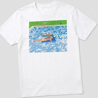 Colorful modern print of swimmers enjoying a pool with blue, green, orange, and brown hues
